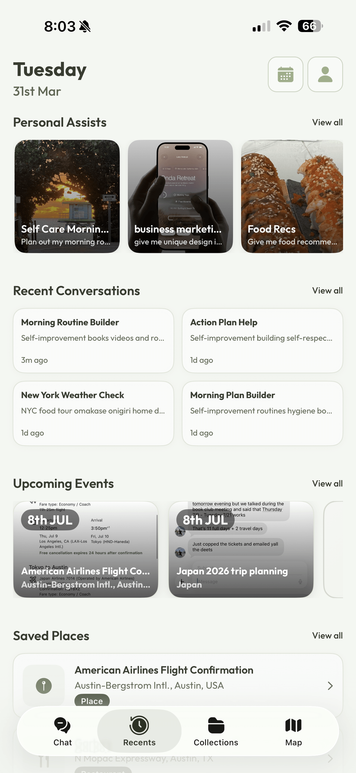 Vara — Your personalized daily view with assists, conversations, events, and saved places
